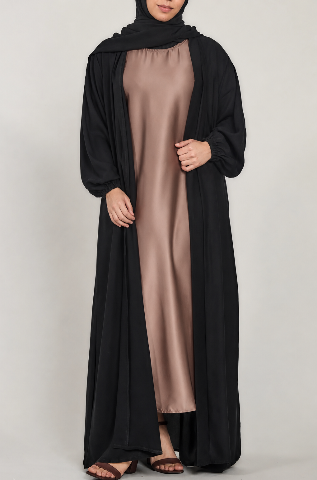 Short-Sleeved Satin Abaya Slip Dress - Mocha