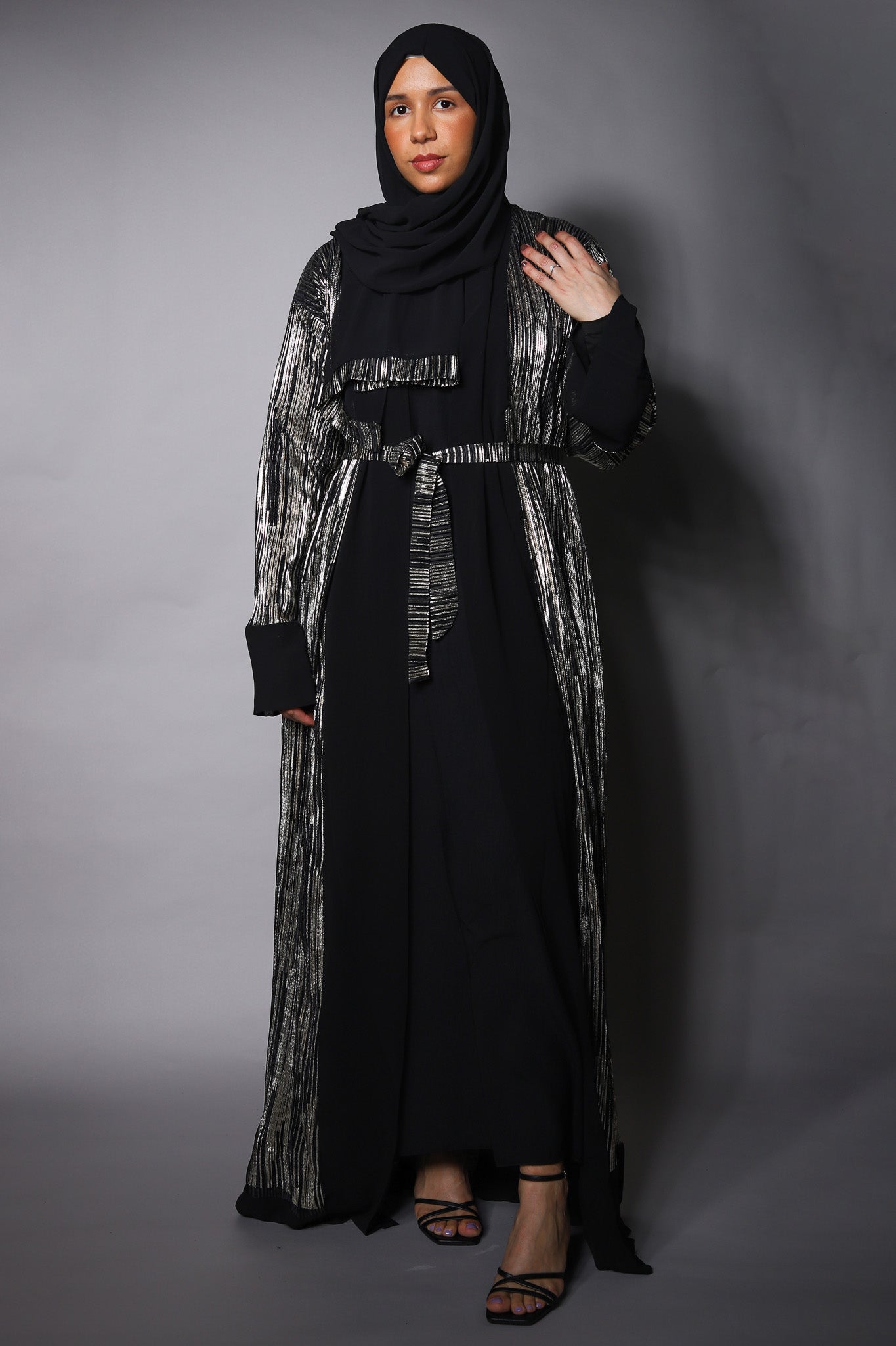Black Gold Open Kimono with Chiffon Cuffs