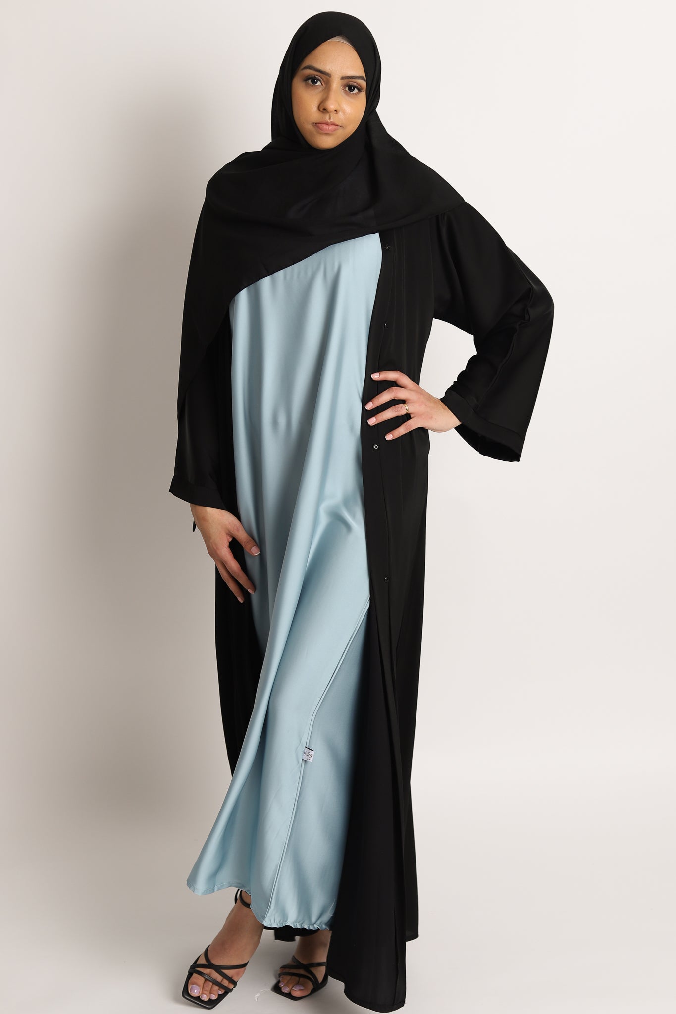 Short-Sleeved Satin Abaya Slip Dress - Powder Blue