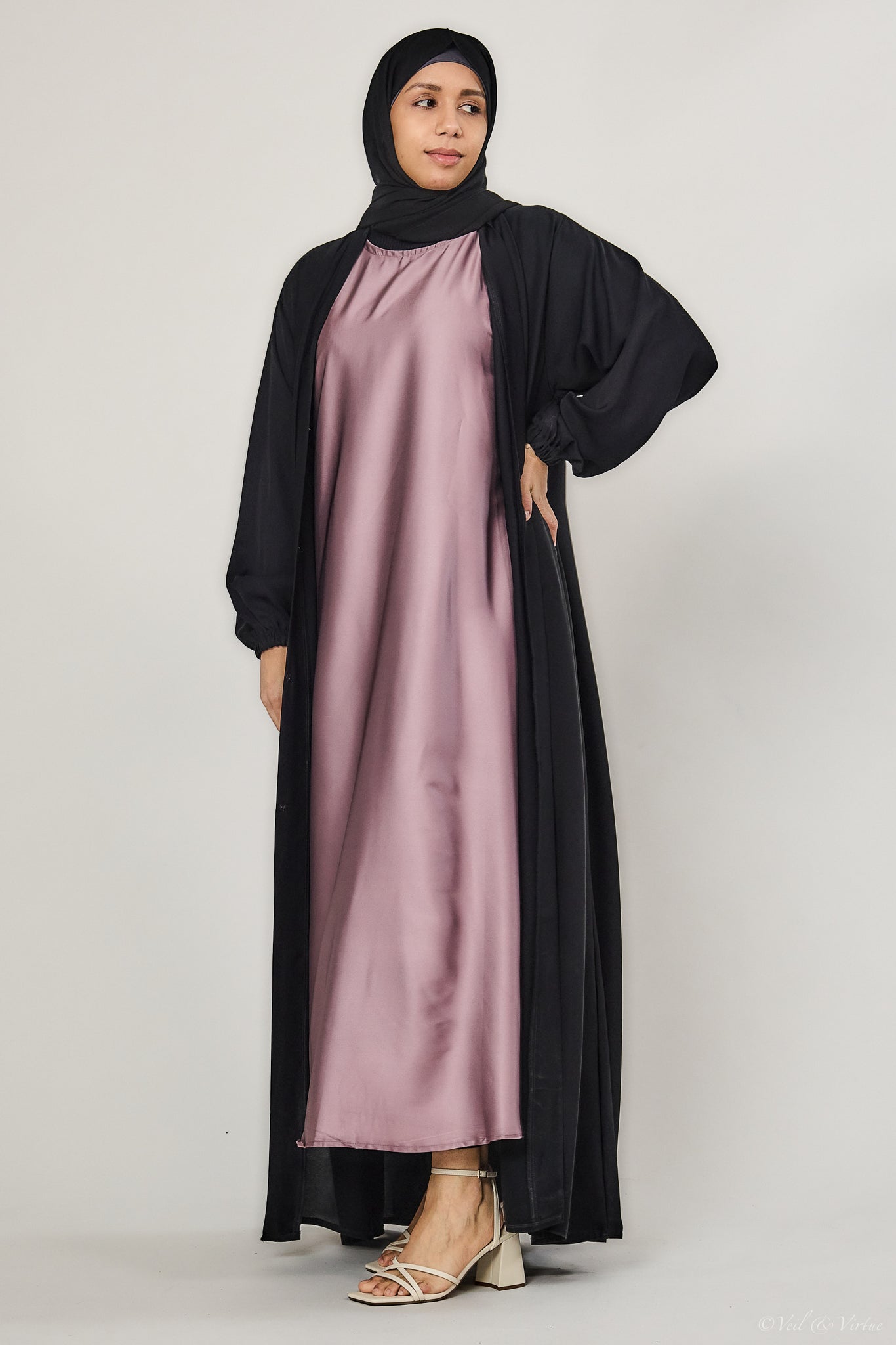 Short-Sleeved Satin Abaya Slip Dress - Mauve