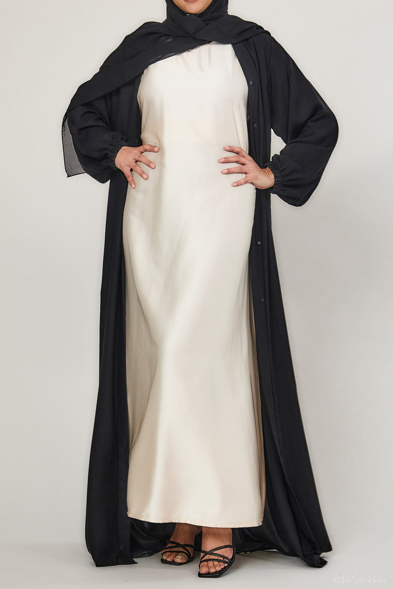 Almond Short-Sleeved Satin Abaya Slip Dress