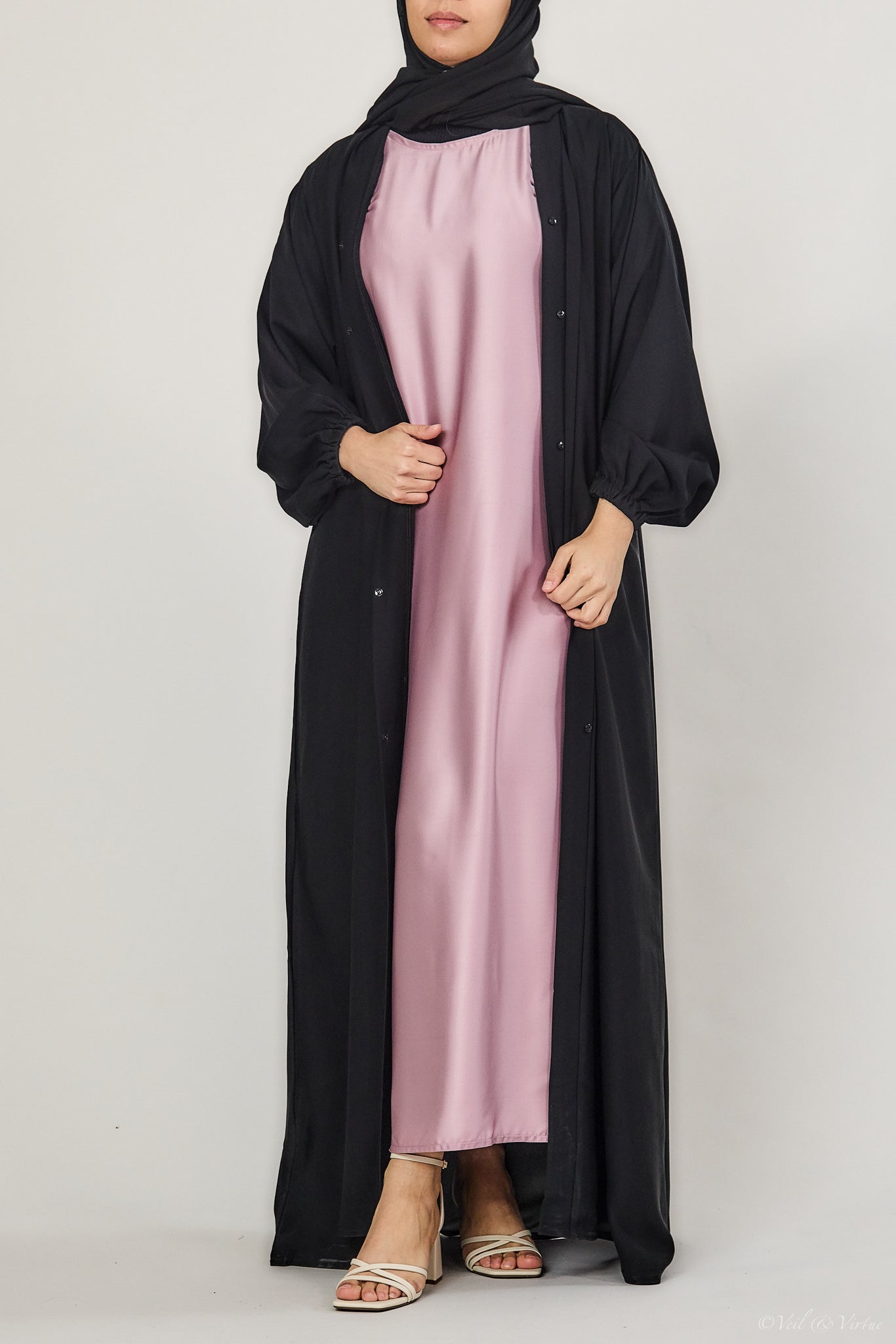 Short-Sleeved Satin Abaya Slip Dress - Rose