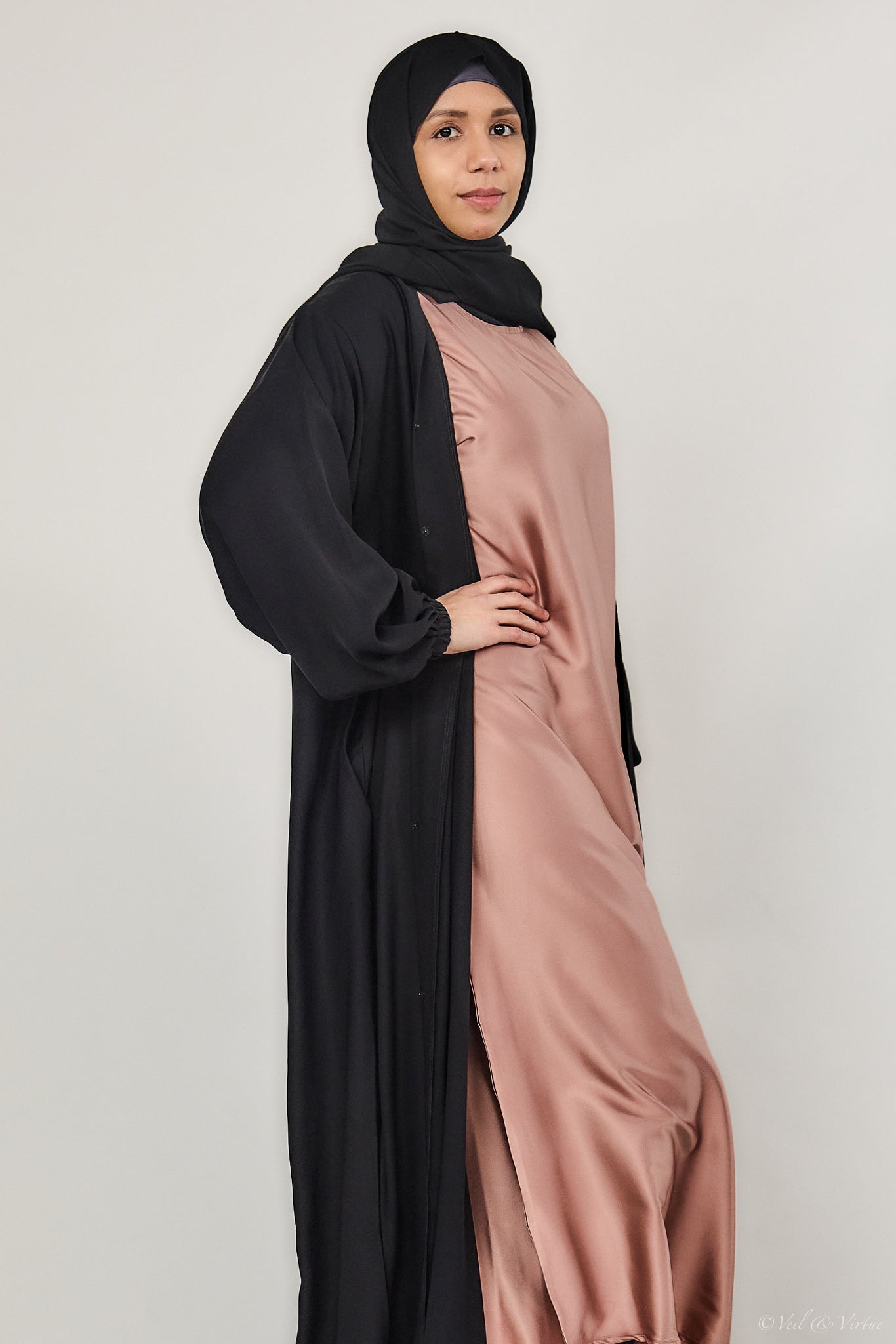 Short-Sleeved Satin Abaya Slip Dress - Mocha