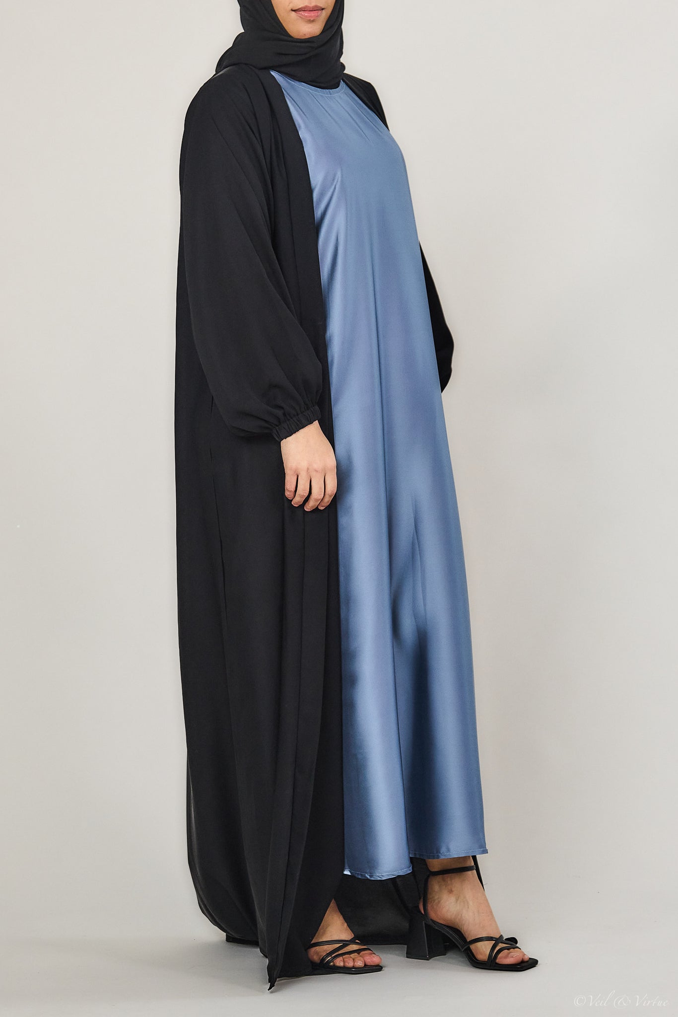 Short-Sleeved Satin Abaya Slip Dress - Cornflower Blue