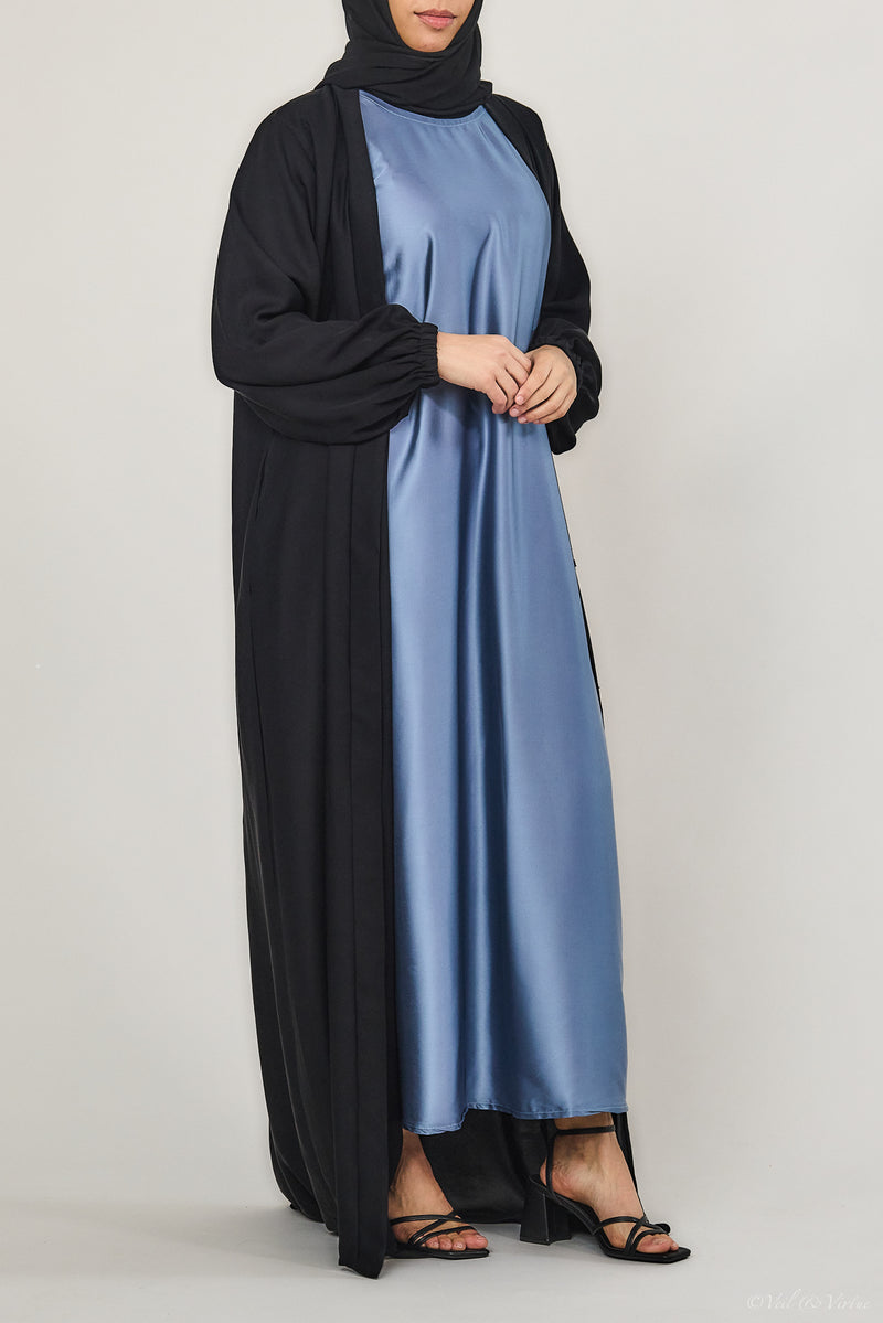 Blue Short-Sleeved Satin Abaya Slip Dress