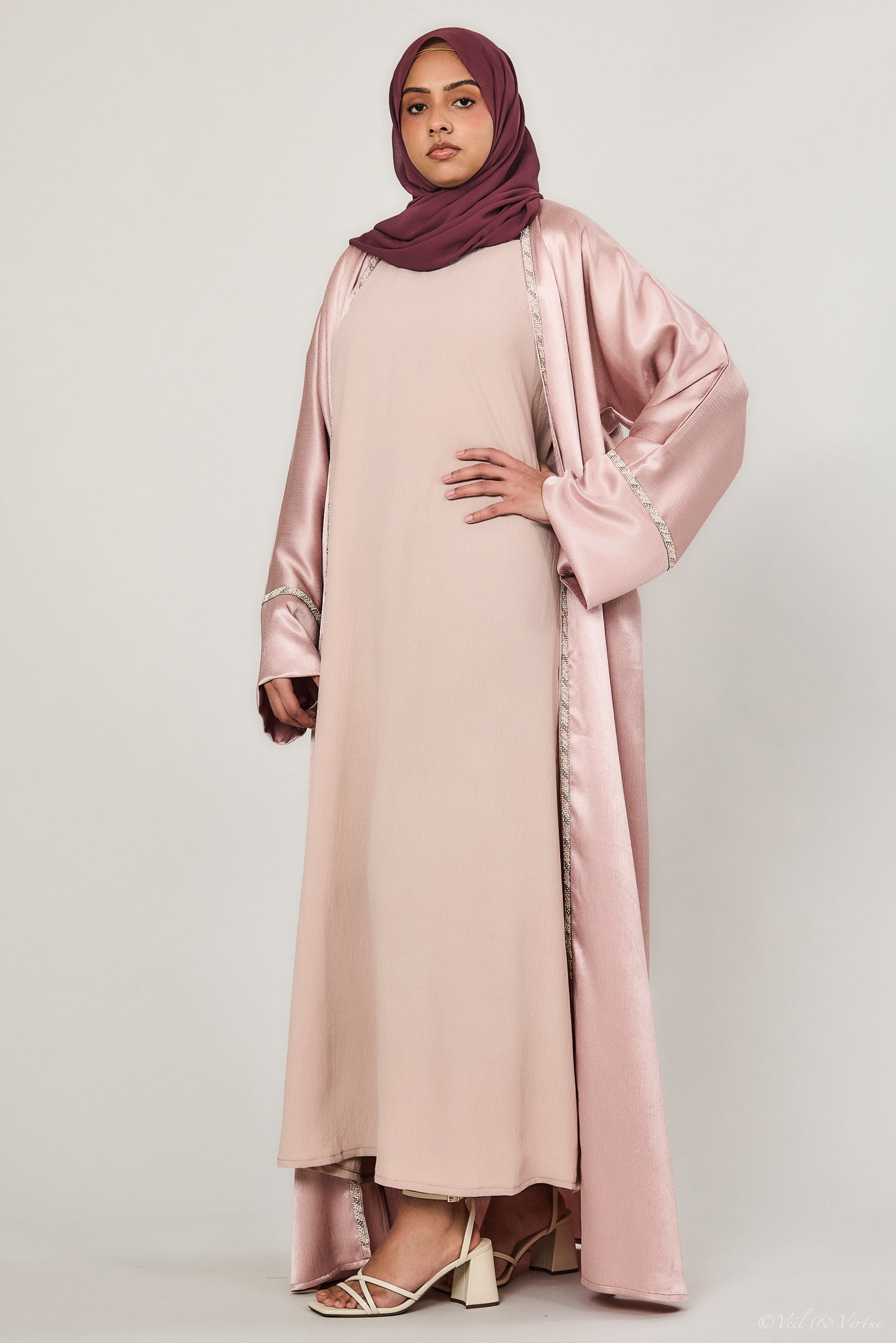 Short-Sleeved Crinkle Abaya Slip Dress - Blush