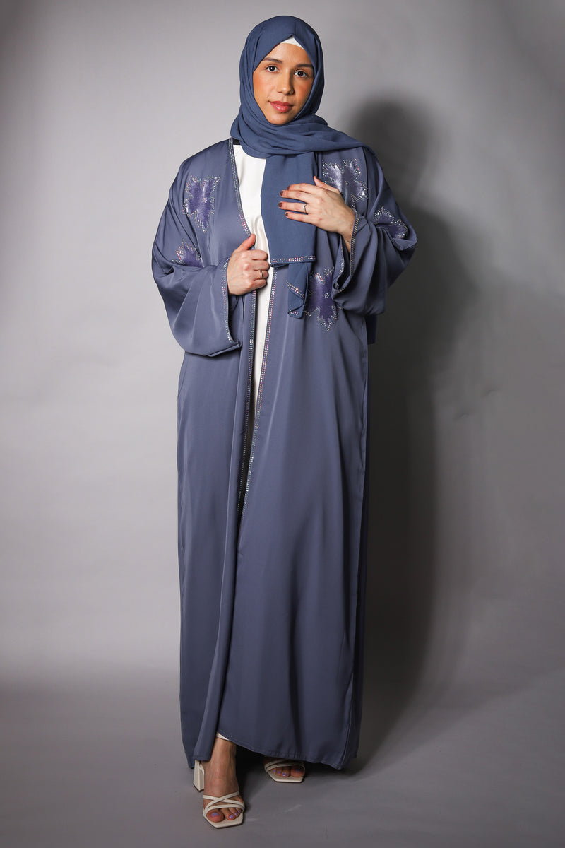 Steel Blue Open Abaya with Velvet Detail
