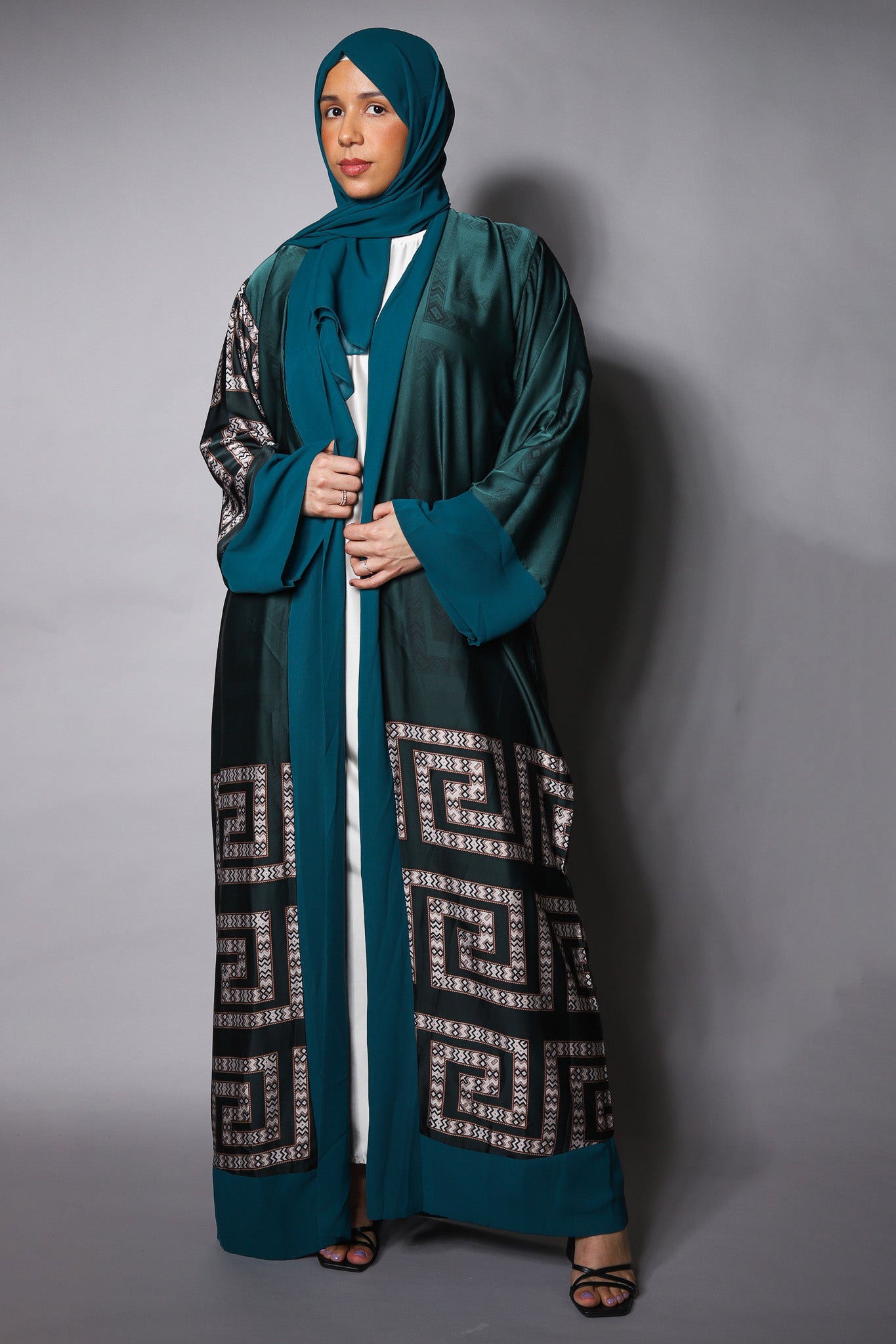 Green Satin Kimono with Contrasting Detail