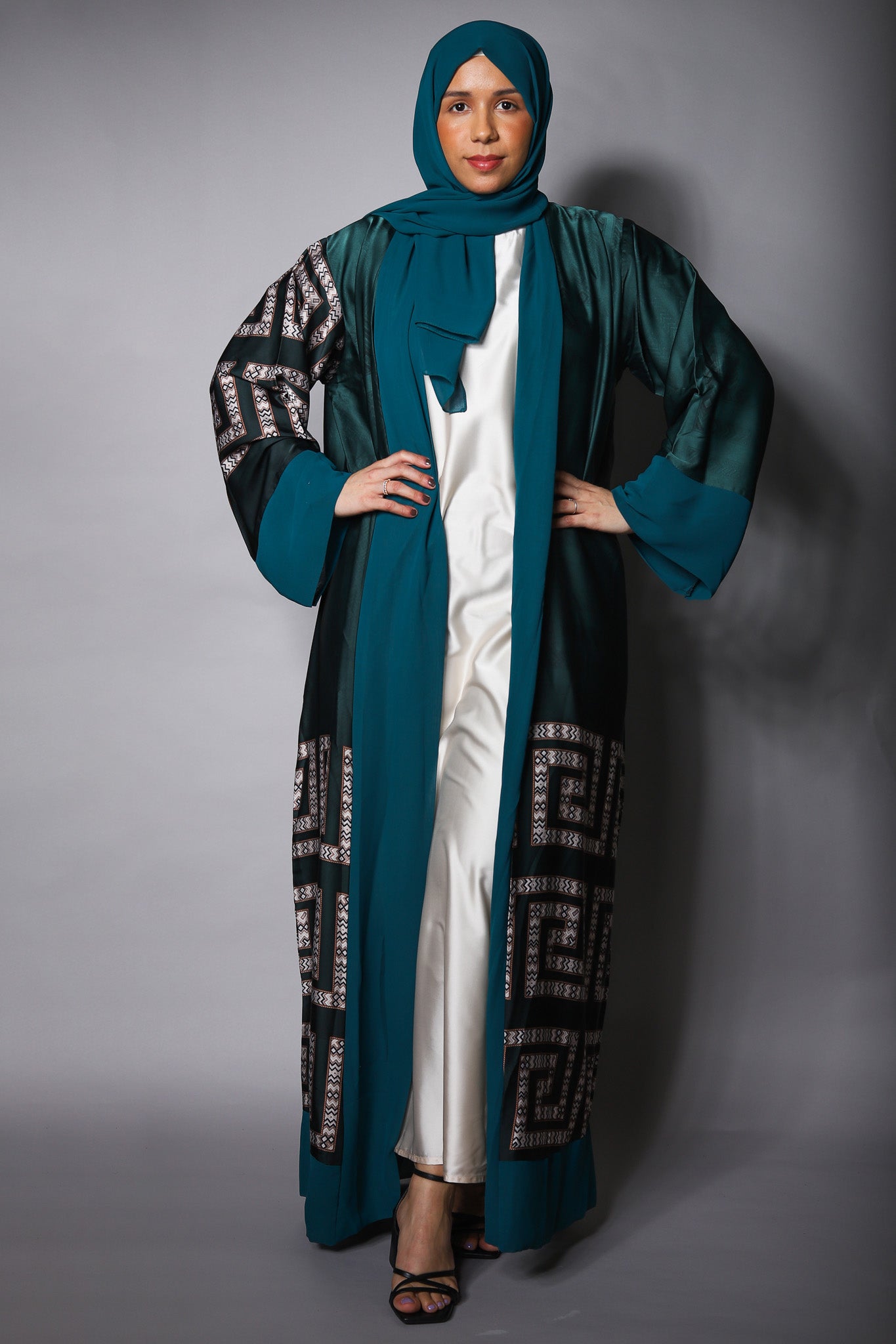 Green Satin Kimono with Contrasting Detail