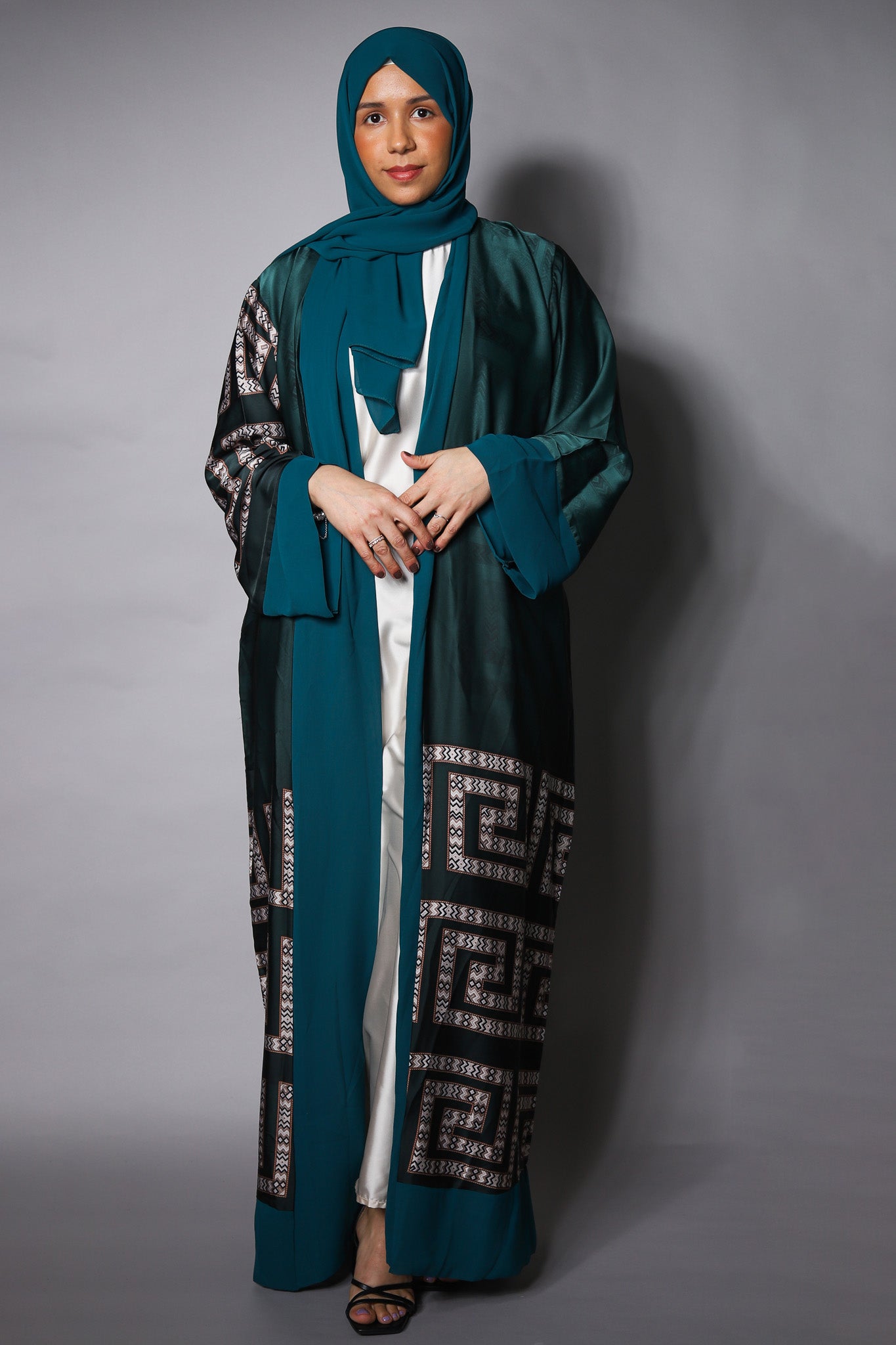 Green Satin Kimono with Contrasting Detail