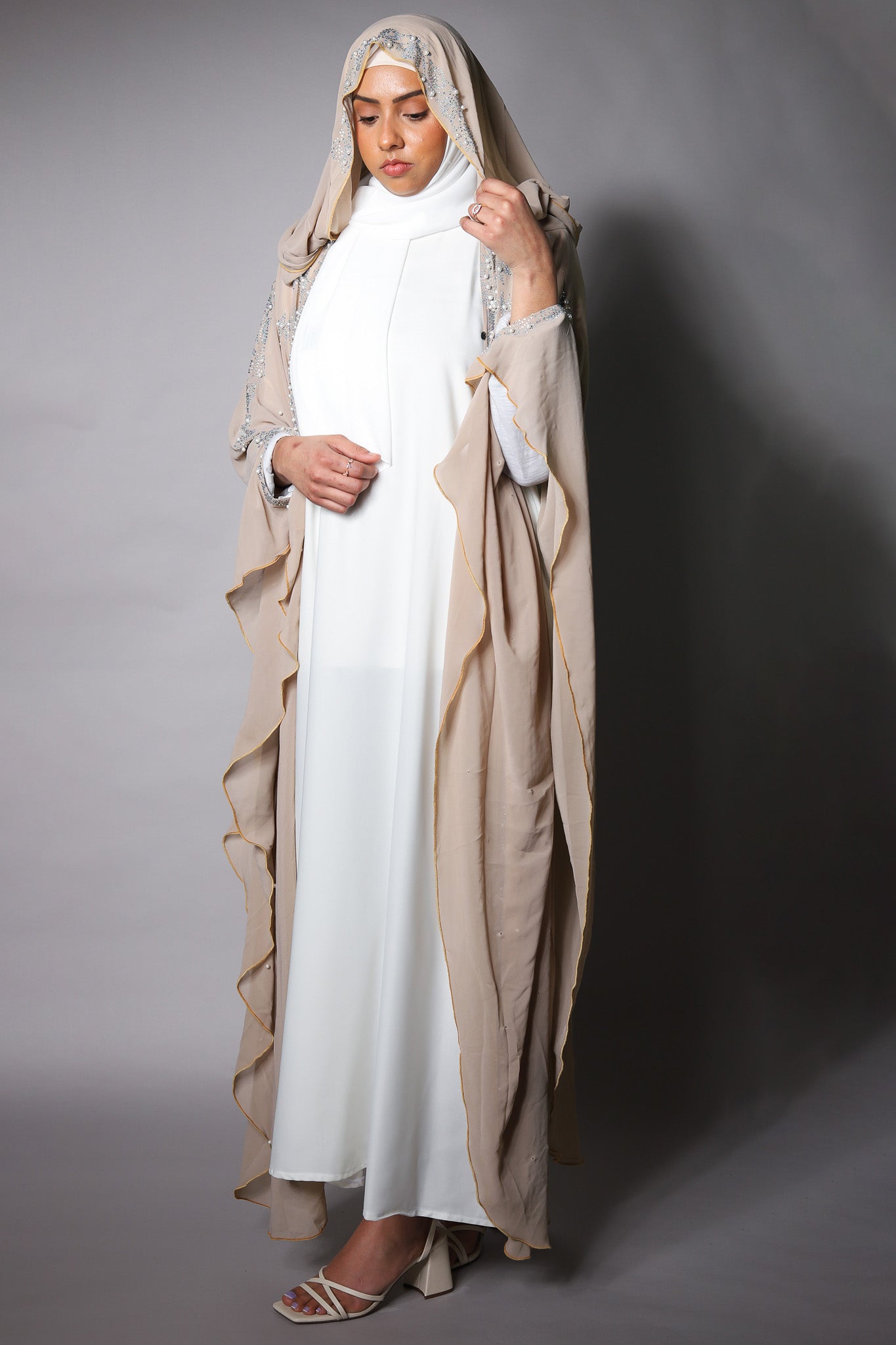 Beige Sheer Embellished Bisht