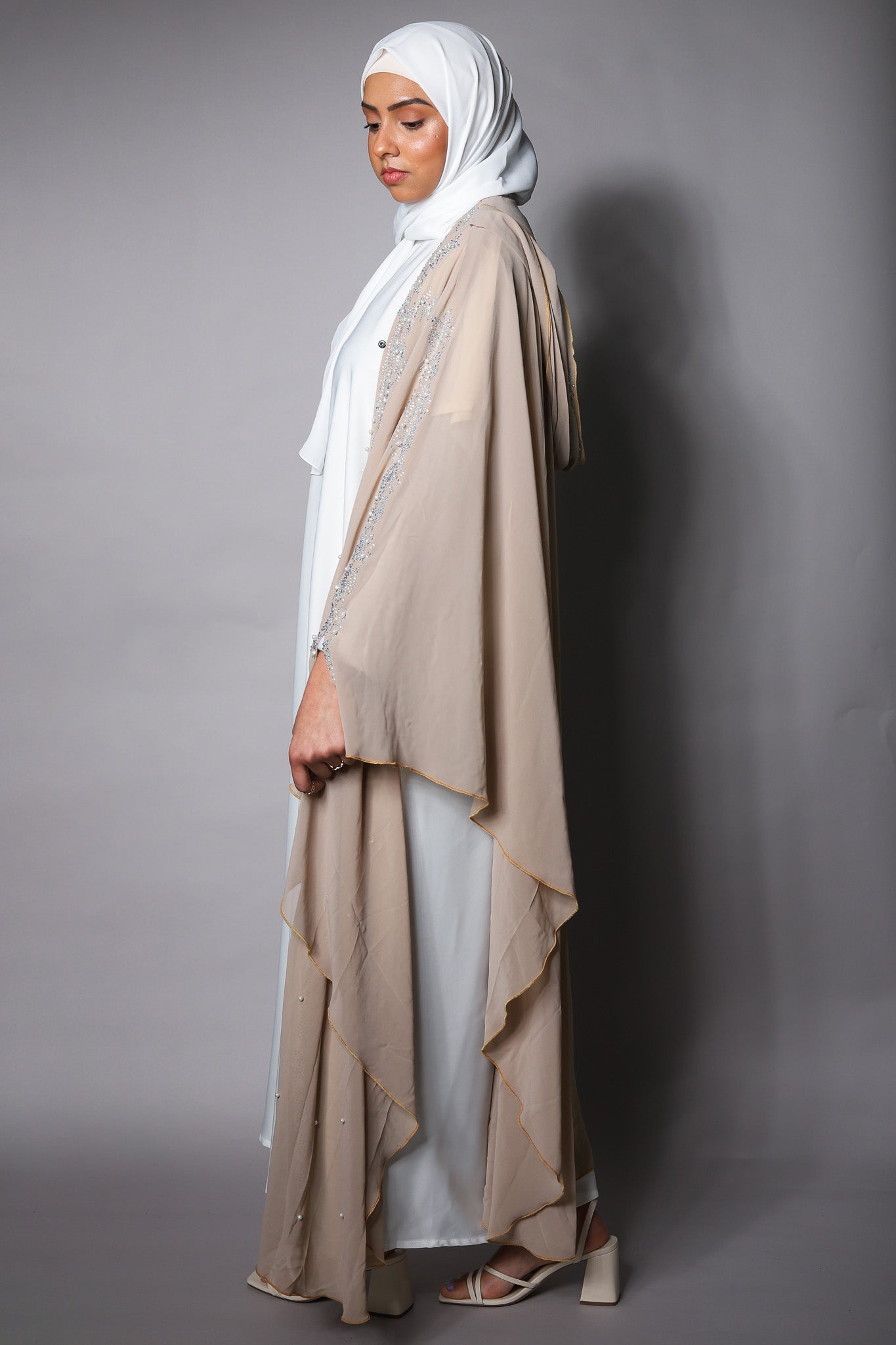 Beige Sheer Embellished Bisht