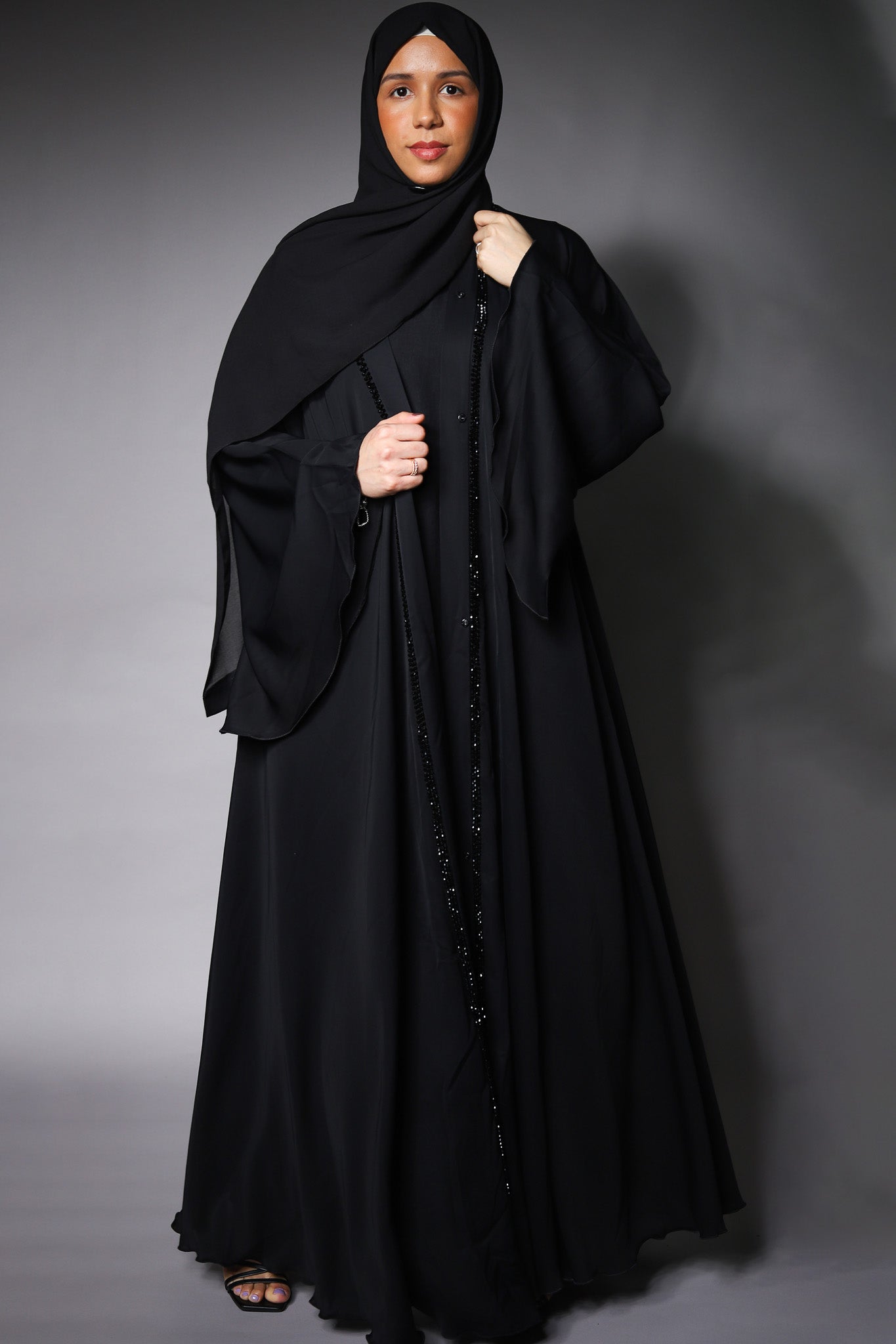 Black Embellished Open Umbrella Flare Abaya