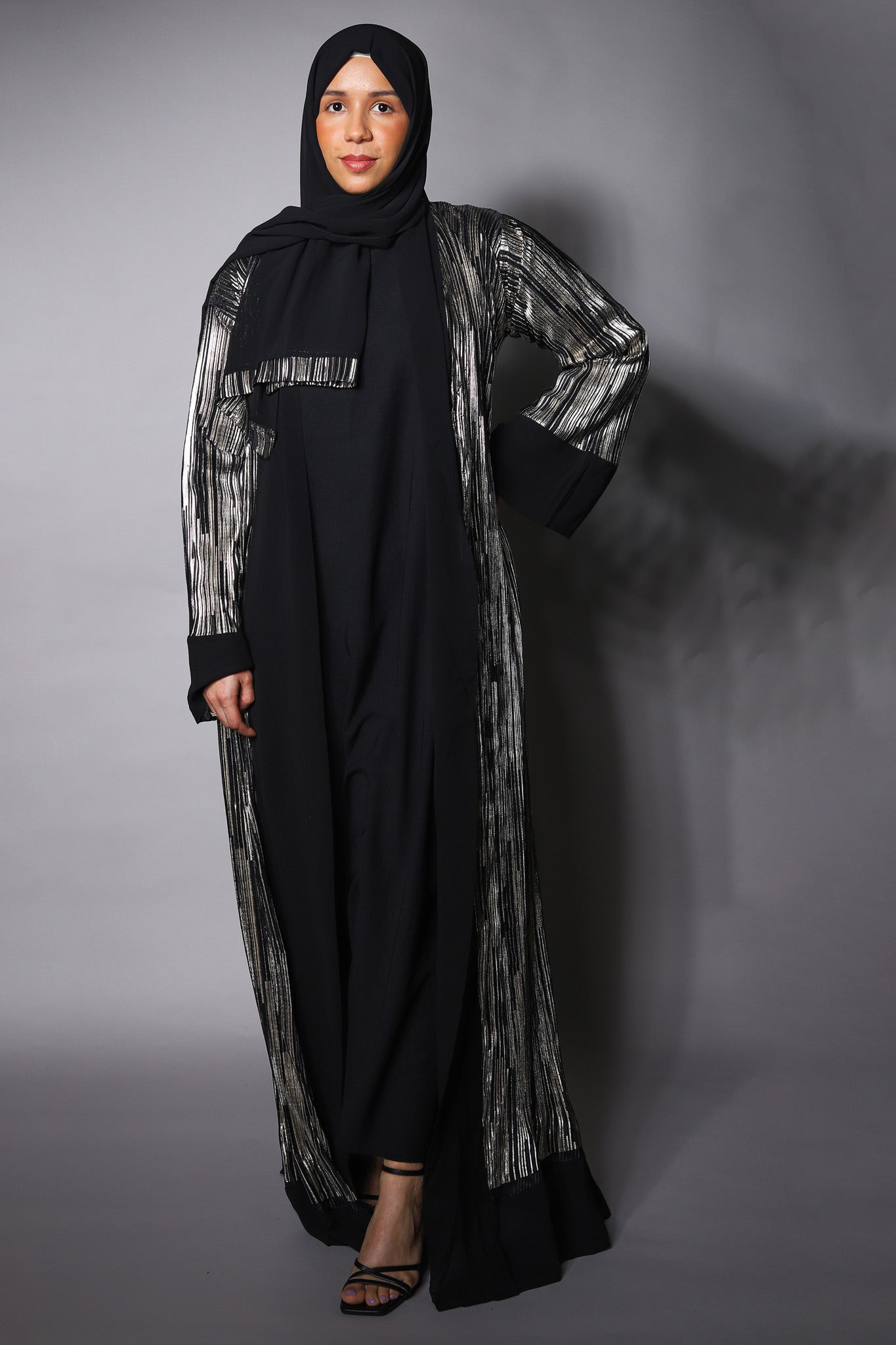 Black Gold Open Kimono with Chiffon Cuffs