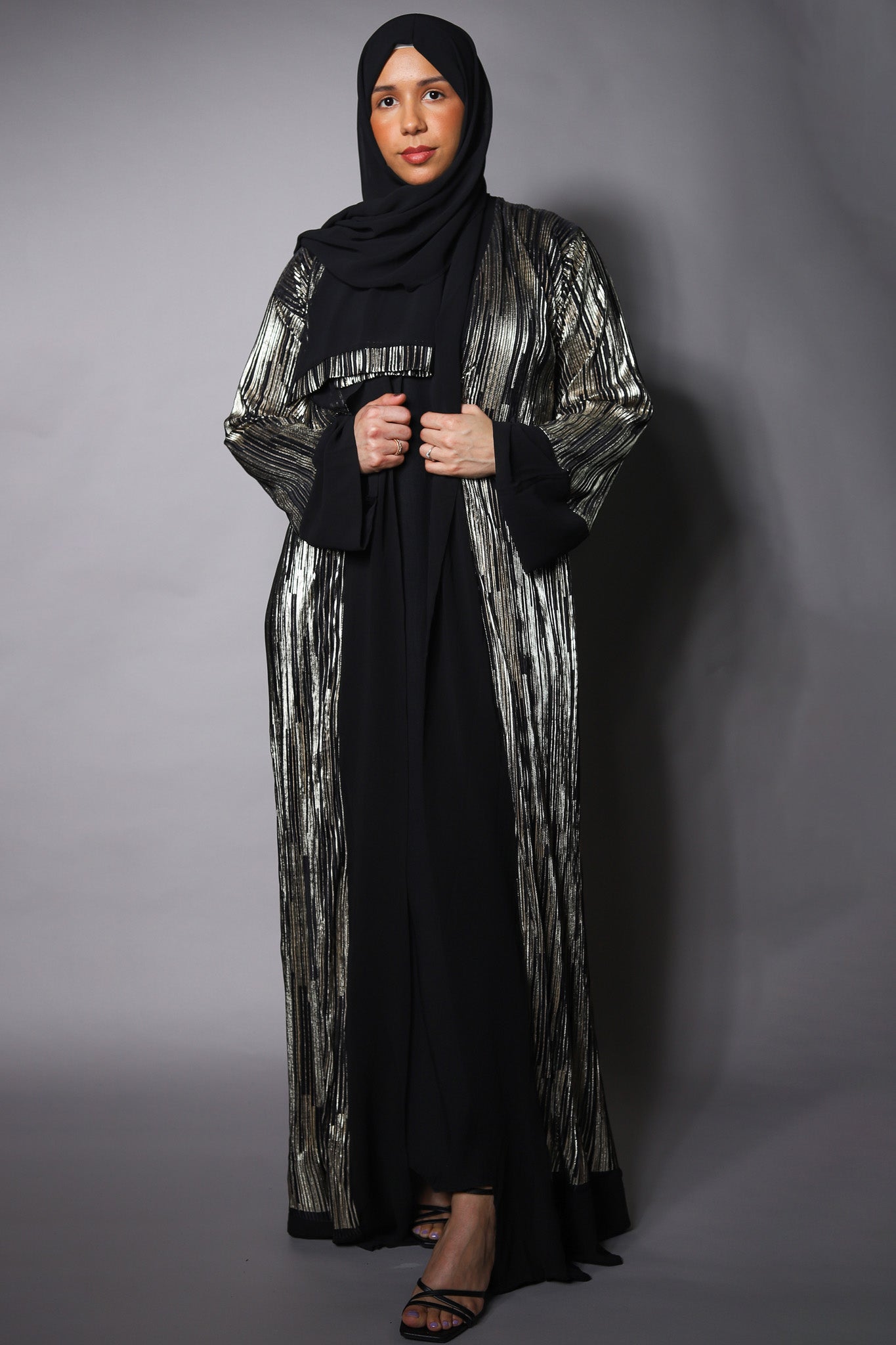 Black Gold Open Kimono with Chiffon Cuffs