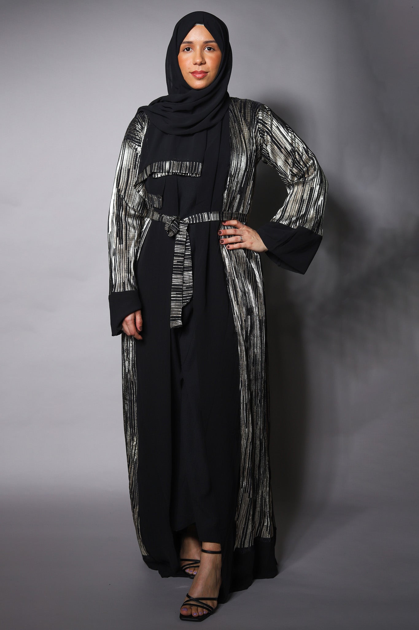 Black Gold Open Kimono with Chiffon Cuffs