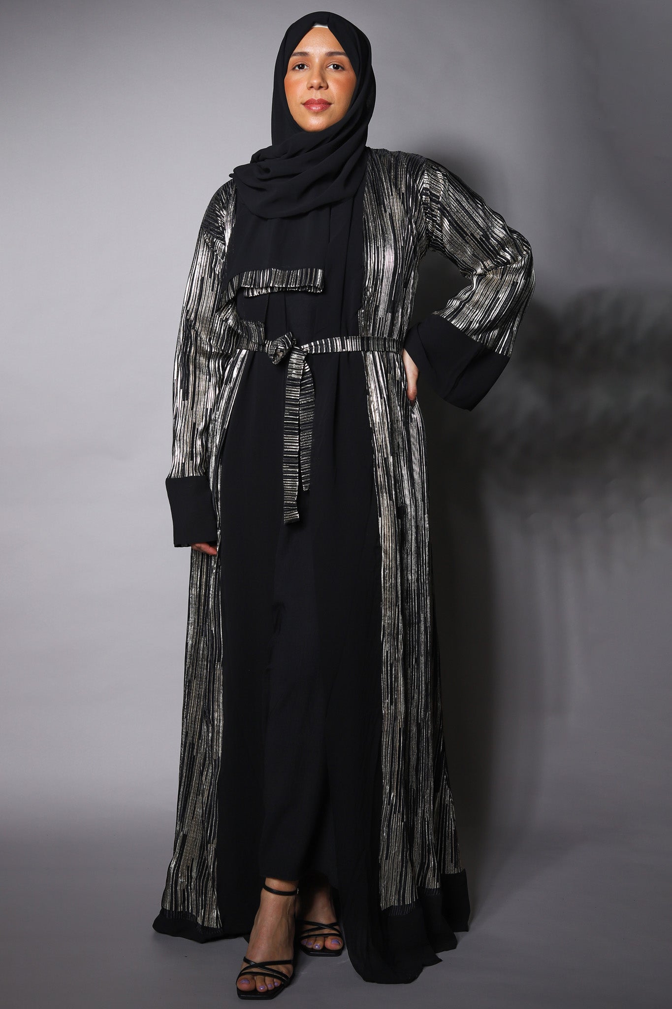 Black Gold Open Kimono with Chiffon Cuffs