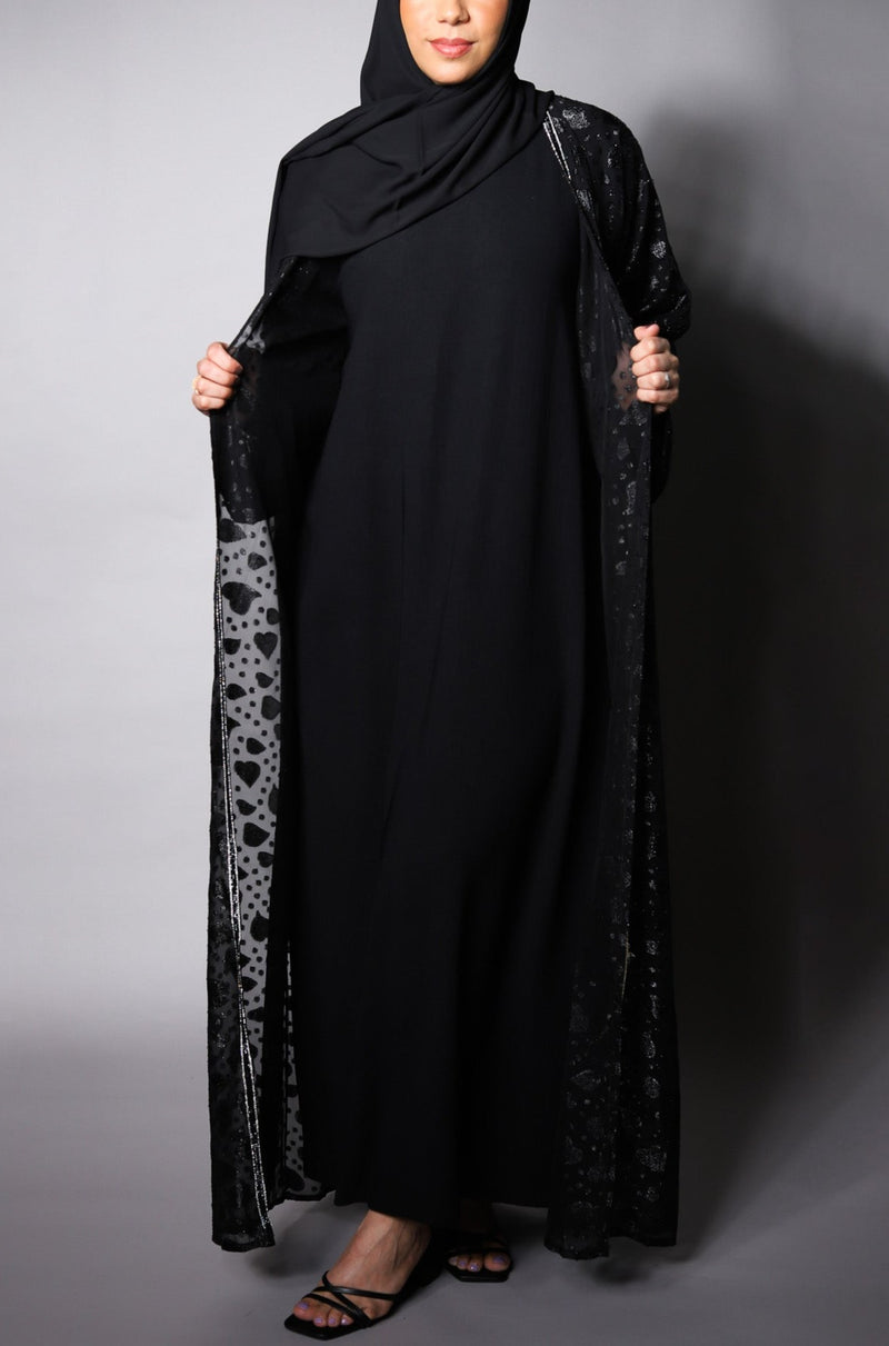 Long-Sleeved Crinkle Abaya Slip Dress Black