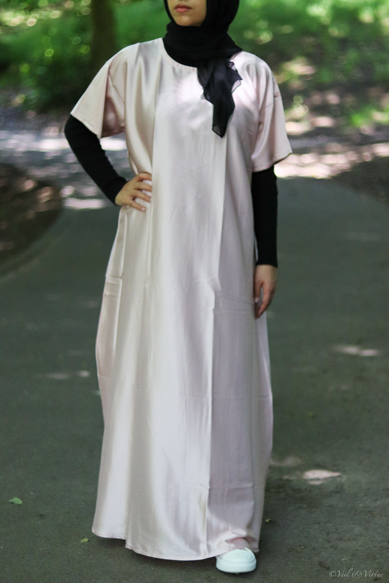 Pale Pink Short-Sleeved Satin Abaya Slip Dress
