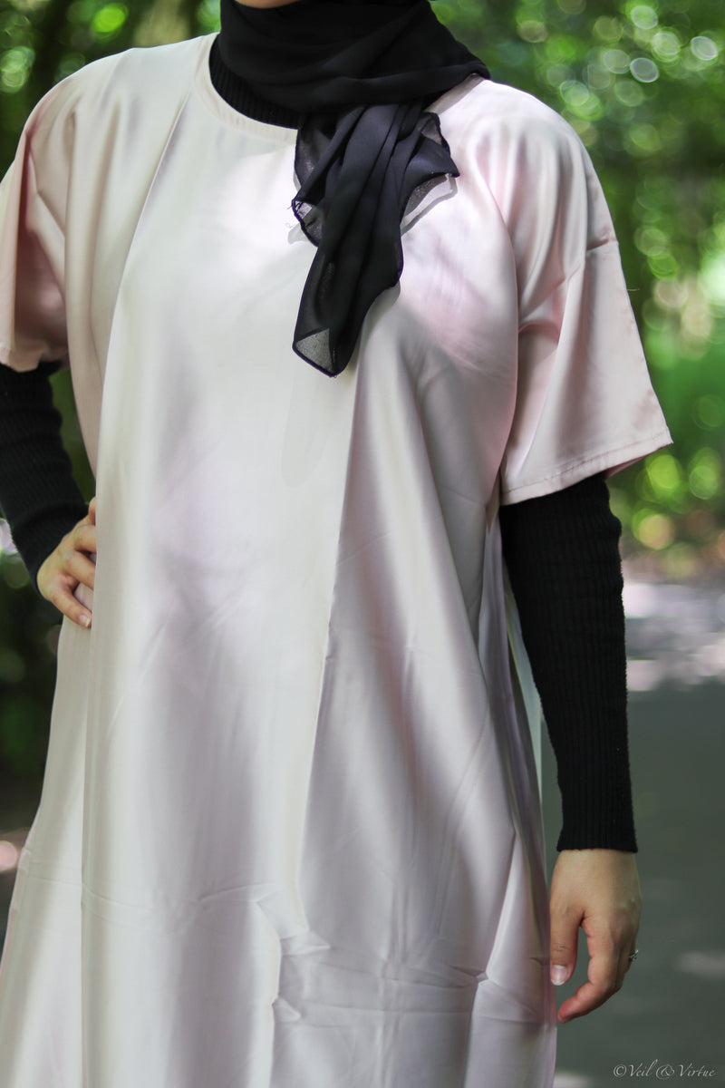 Pale Pink Short-Sleeved Satin Abaya Slip Dress