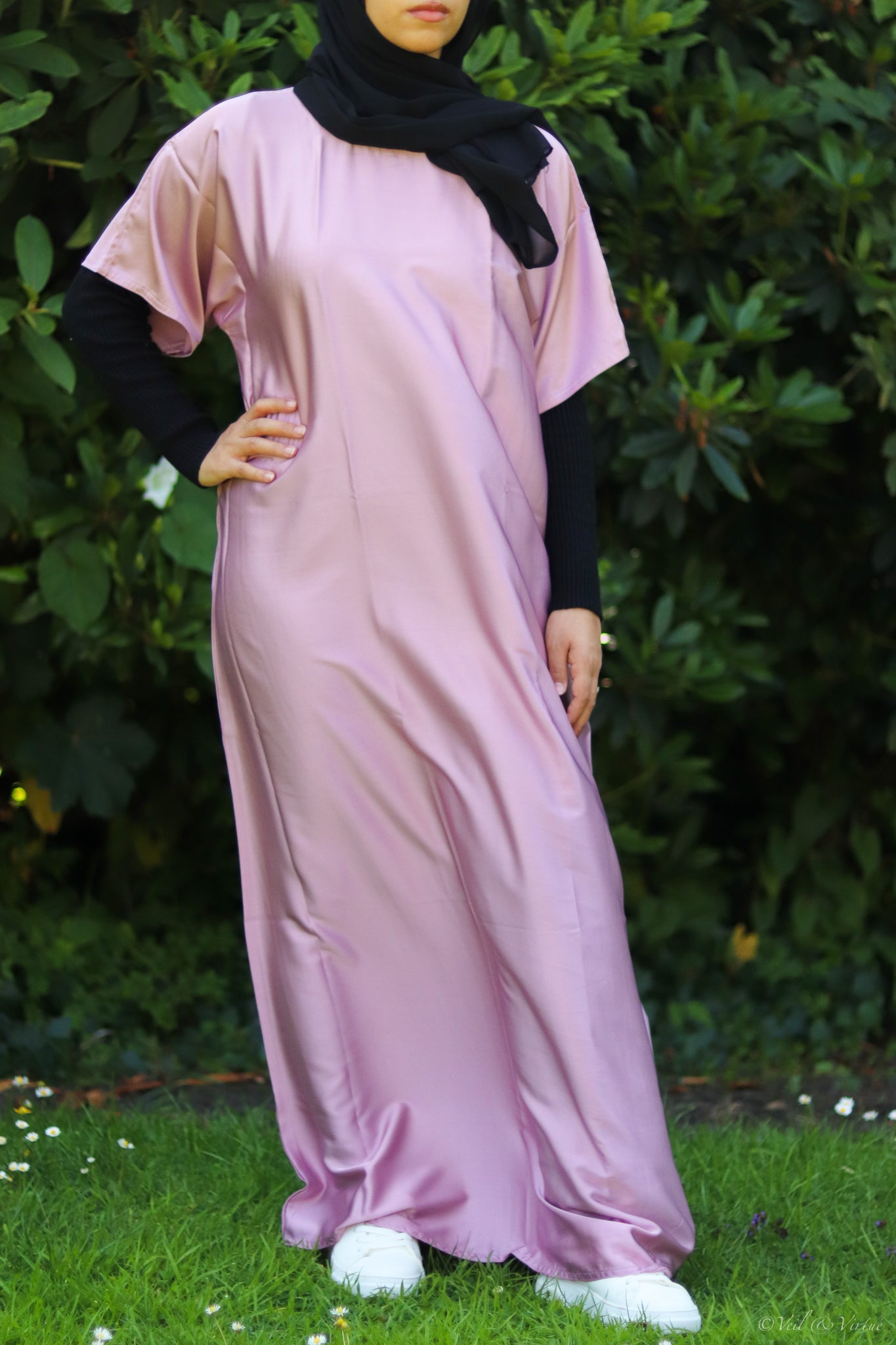 Short-Sleeved Satin Abaya Slip Dress - Rose