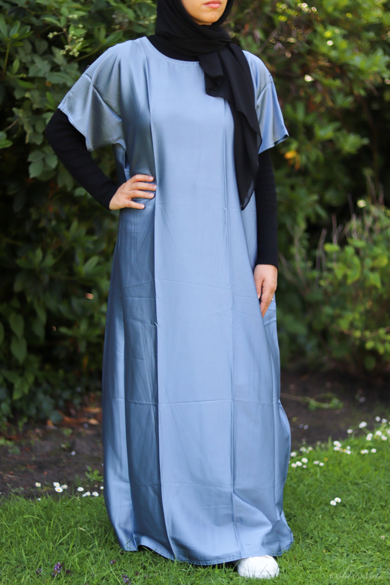 Short-Sleeved Satin Abaya Slip Dress - Cornflower Blue