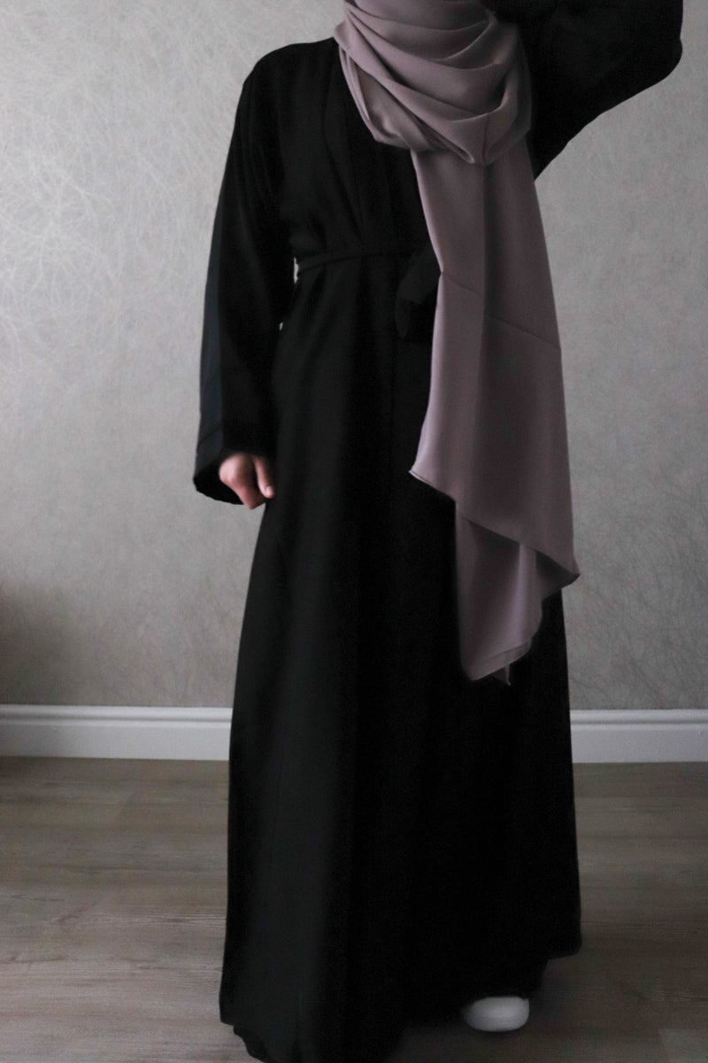 veil and virtue plain black open abaya essential nida