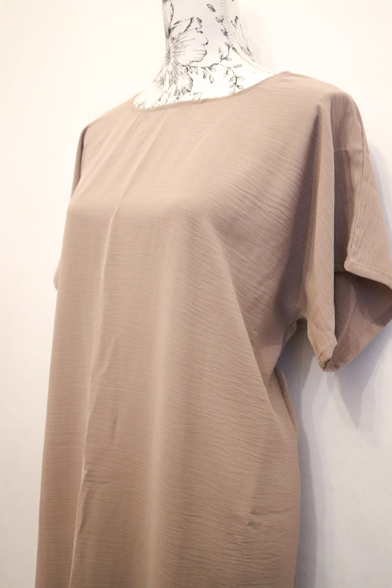 Taupe Short-Sleeved Crinkle Abaya Slip Dress
